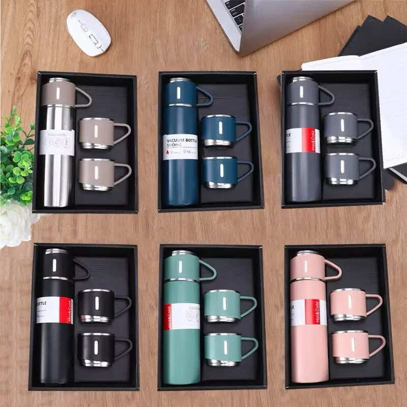 Kit Garrafa Térmica Vacuum Bottle Inox 500ml + 3 Xícaras Bebidas Fria ou Quente. #tiktokshop 