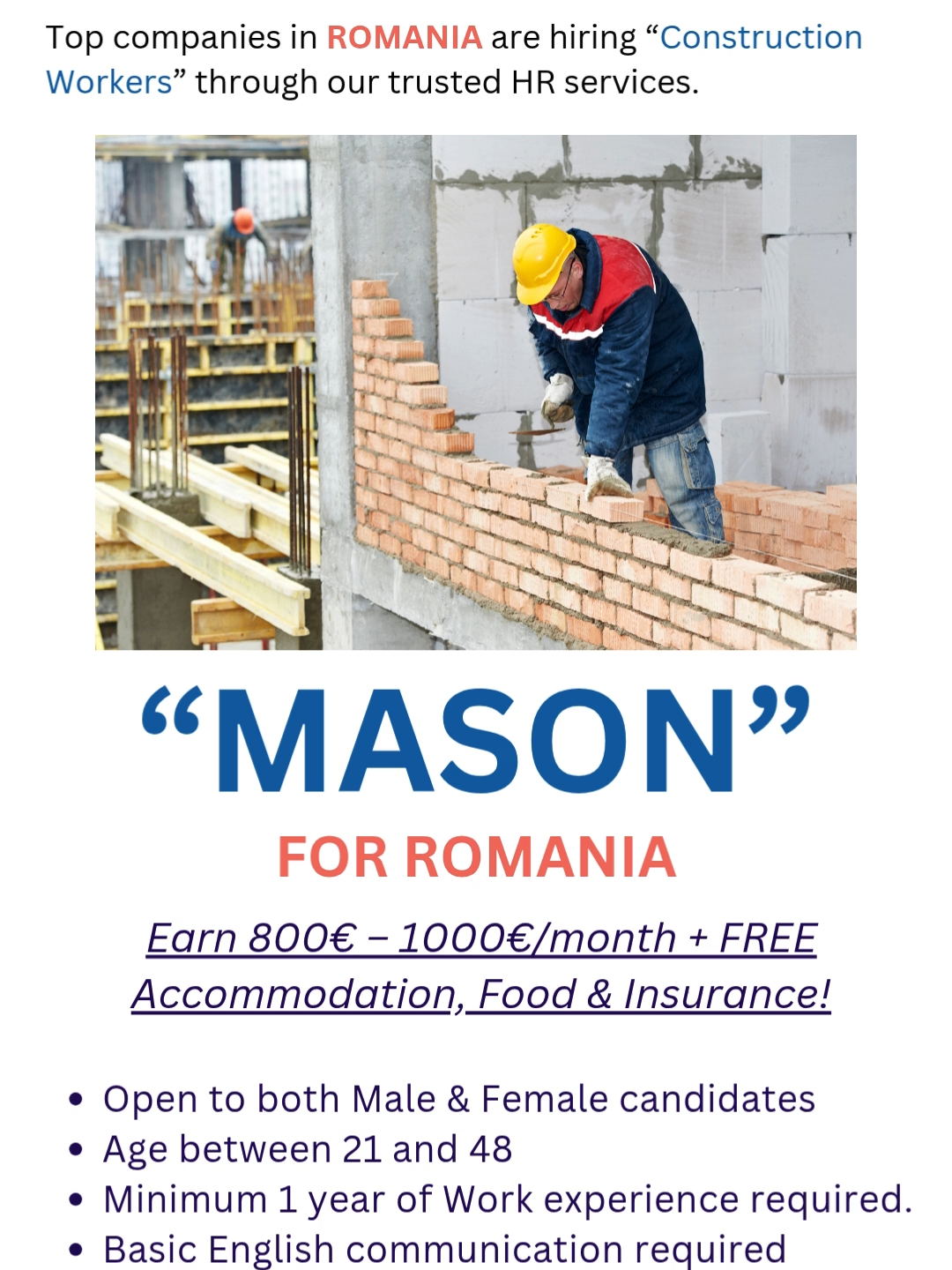 Hiring Mason for Romania.  #Romaniajobs #QatartoRomania #Europejobs