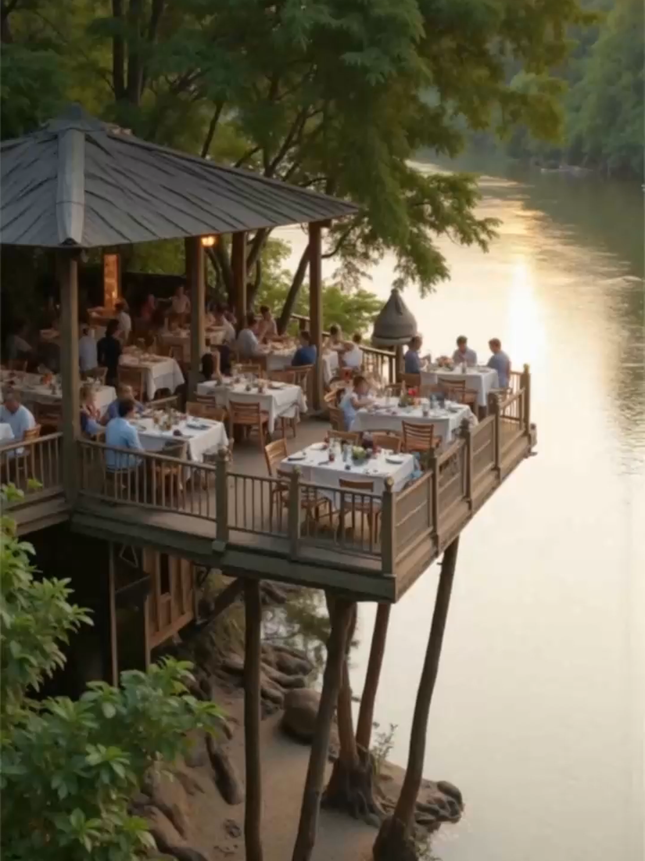 突发！河边餐厅整个平台崩塌，坠入水中吓懵众人 #餐厅事故 #木结构断裂 #河边餐厅