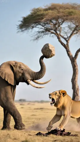 The elephant tightly sucks up a stone with its trunk and doesn't let go, chasing after the lion madly and trying to smash it.