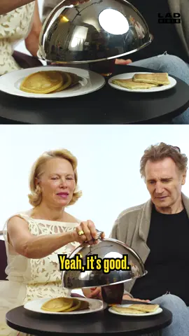 Liam Neeson and Pamela Anderson try Canadian and Northern Irish snacks 🤤 #pamelaanderson #liamneeson #snack #pancake