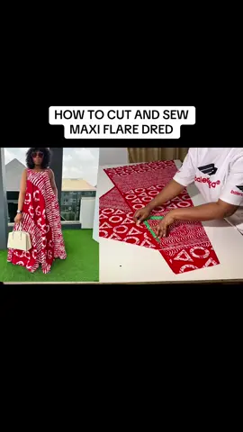 How to cut and stitch maxi flare dress. Full tutorial now on YouTube: promoted Sandra  Comment couper et coudre une robe maxi évasée