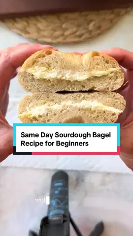 Same Day Sourdough Bagel Recipe for Beginners   📌 INGREDIENTS: 125g Active Sourdough Starter (½ cup) 270g Water (1⅛ cups) 18g Honey or Sugar (1 tablespoon) 500g Bread Flour (4 cups) 10g Salt (1¾ teaspoons)   📌 STARTER PREP: I feed my starter the night before using a 1:5:5 feeding ratio 14g starter (1 tablespoon) 70g flour (½ cup) 70g water (¼ cup + 2 teaspoons)   📌 INSTRUCTIONS    1. MIX THE DOUGH In a large mixing bowl, add active sourdough starter and water - whisk until foamy and combined. Add honey, bread flour and salt. Mix until dough comes together.    2. KNEAD THE DOUGH Knead the dough for 10 minutes until it becomes smooth and elastic. Place dough back in the bowl and cover with plastic wrap or a damp towel.  *Let dough rest for 30 minutes.   3. STRETCH & FOLDS You will do 2 sets of stretch & folds - 30 minutes apart.  *Dough will feel dryer and stiffer than traditional sourdough bread dough.   4. BULK FERMENTATION Cover the bowl with a damp towel or plastic wrap. Let the dough bulk ferment at room temperature for 10-12 hours (it should double in size).  *Important Note: Bulk fermentation starts the minute you mix your dough.    5. DIVIDE & SHAPE Dump the dough out onto a clean surface. Divide it evenly into 8 pieces (or 6 pieces if you want bigger bagels). Gently shape each piece into a ball.  *Cover the dough balls and let them rest for 30 minutes.    6. FINAL SHAPE Create a hole in the middle of each dough ball and stretch to desired size. Place shaped bagels on a parchment-lined baking sheet.    7. BOIL & TOP - Preheat your oven to 425°F  - Bring a large pot of water to a gentle boil and add 1 tablespoon of baking soda - Gently drop bagels into the water and boil for 45 seconds on each side  - Place boiled bagels on your parchment-lined baking sheet *Optional: Brush each bagel with an egg wash (1 egg white & 1 tablespoon of water) - Add toppings to your bagels    7. BAKE & COOL Bake at 425°F for 20–25 minutes, until golden brown Immediately move to a cooling rack   ✨ TIPS - You can mix your dough before you go to bed and let the dough bulk ferment on your counter overnight. - Great toppings to try: sesame seeds, poppy seeds, everything but the bagel mix, chocolate chips, cheese - the options are endless! If you have any questions, please let me know - I’m always more than happy to help and I hope you love this recipe as much as I do! #sourdough #sourdoughstarter #sourdoughtok #sourdoughbagels #sourdoughbaking 