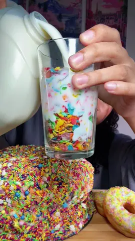 Giant American Mukbang Funfetti Cake Fruity Pebbles Doughnut #yazyum #mukbangeatingshow #funfetticake #asmreating #rainbowfood 
