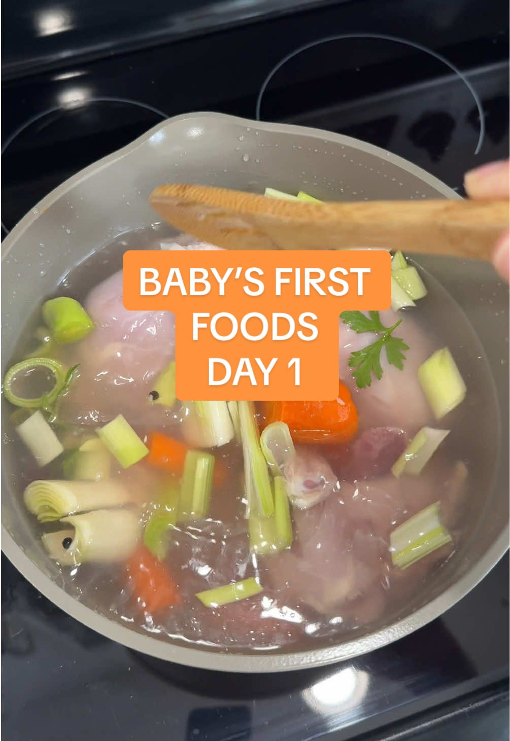 CHICKEN STOCK RECIPE I USED - one whole organic pasture chicken - 2 carrots - 1 celery stalk - the white part of 1 leek - filtered water enough to cover the whole chicken - a tiny bit of salt and peppercorns for taste - parsley Cut the chicken into pieces so the bone is exposed, and trim some of the fat off (optional) Cut up your veggies and throw them in the pot Cover the chicken with filtered water Bring to a boil and remove all the film off the top, then simmer 1.5-3 hours (I did 3) Once done, use a colander to save the stock in a container youll put in the fridge and use the chicken for whatever recipe you want I shredded my chicken and added salt, pepper, and mayo to make chicken salad 🥗🍗 Offer your baby 1-2 teaspoons in the morning, use the stock to add to purees as a base, use it in bone marrow, add some ghee to it and enjoy gut health 🤤 Happy baby feeding 💗 #blw #babyledweaning #babypurees #babyfeeding #babyfood #ancestralhealing #gapsdiet #6monthsold #6month #chickenstock #bonebroth #meatstock 