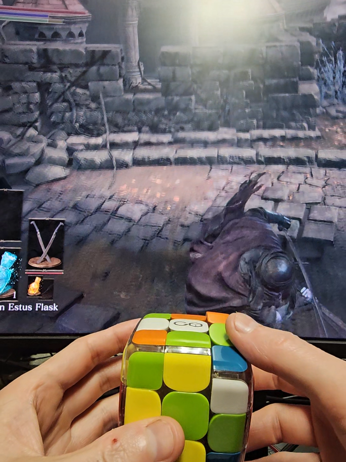 It's getting there. I haven't even started to implement the gyroscope WASD/cam controls yet. might ditch web bluetooth chrome connection and just use native windows bluetooth and python with bleak library. any coders got advice? #rubikscube #challengerun #darksouls3 #foryou #vibecoding 