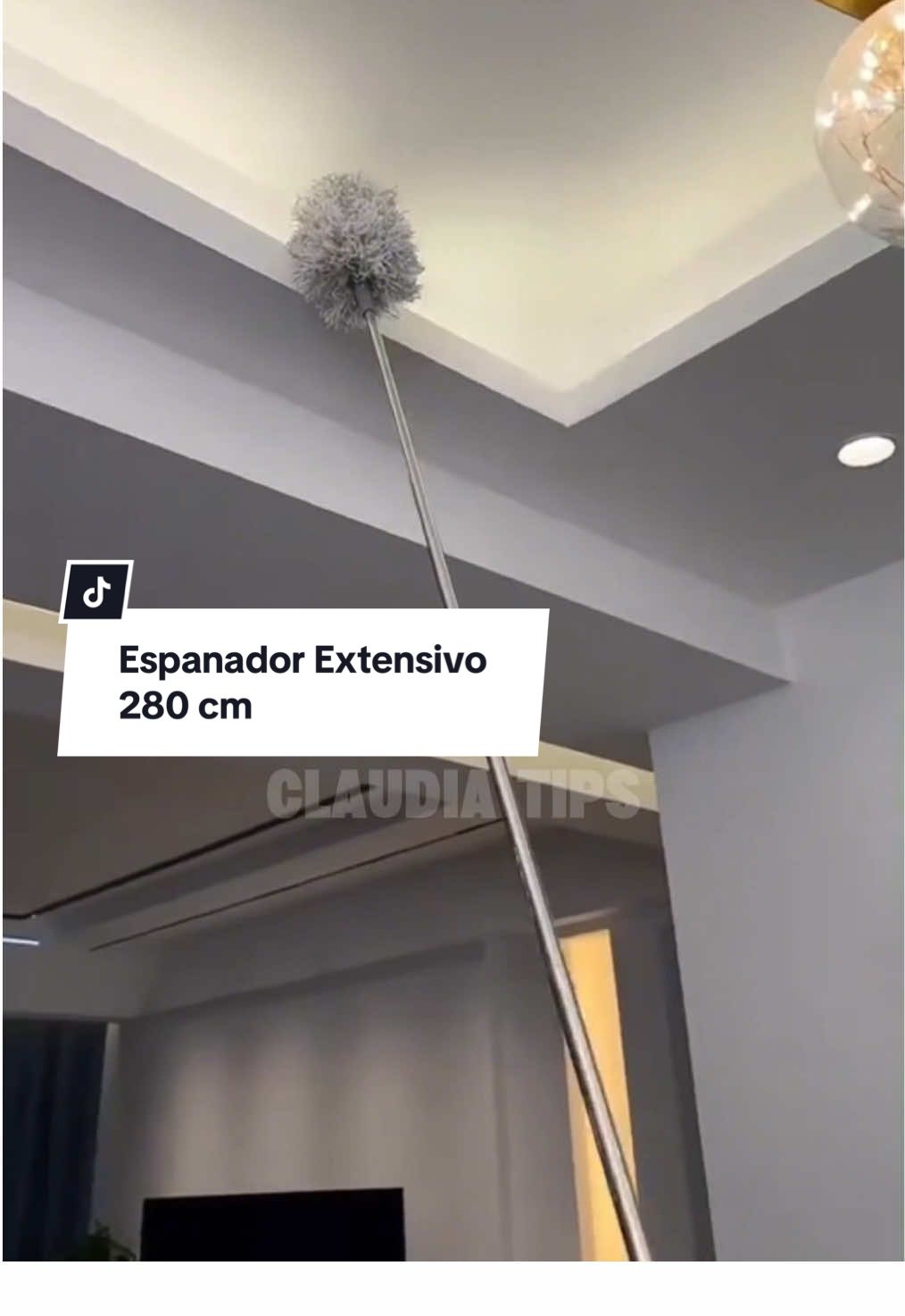 Espanador dobrável com cabo que se extende até 280 centímetros.