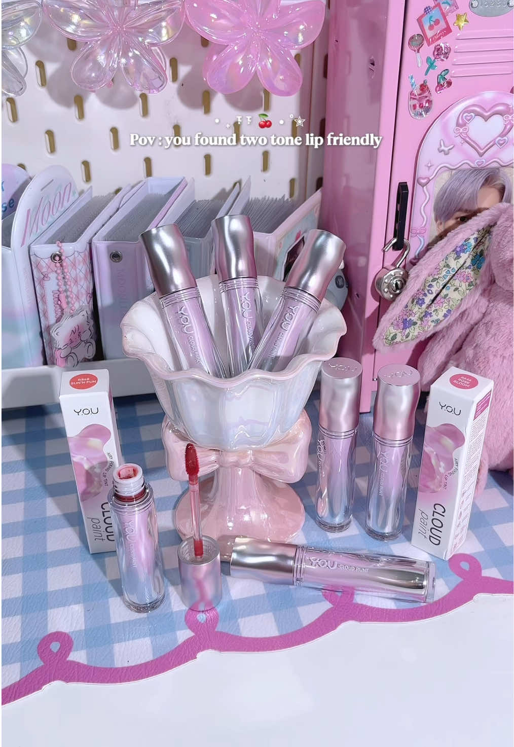 Glossy to soft matte finish ⊹₊⟡⋆ ── .✦ YOU cloud paint airy fixing lip tint #youbeauty #lippies #unboxingmakeup #swatches 