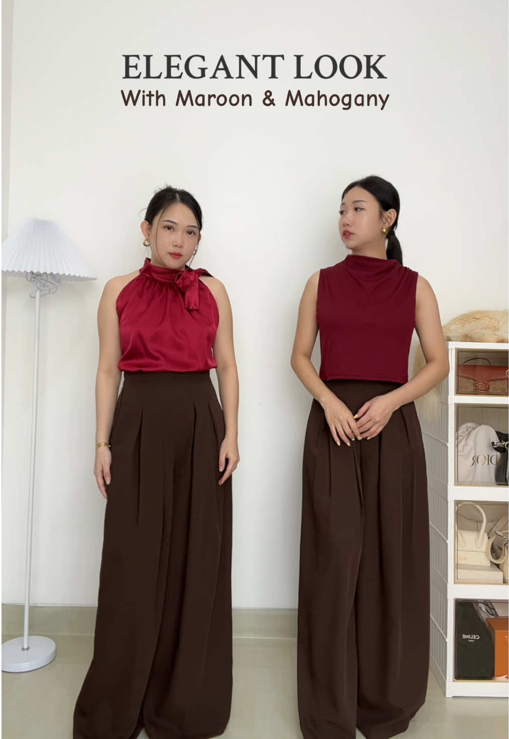 Elegant look dengan warna maroon & mahogany #OOTD #fashion #inspirasioutfit #ideoutfit #ideoutfitwanita #celanapremium #verandnes 