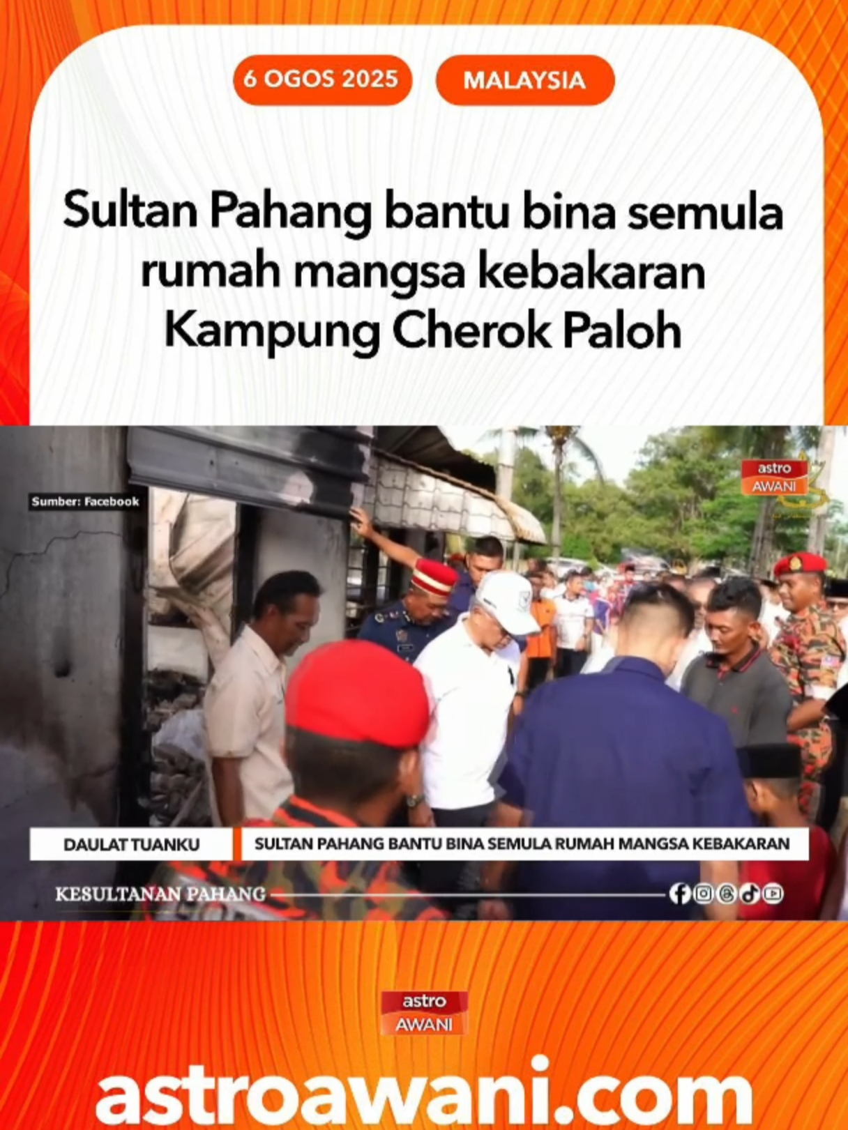 Keprihatinan Sultan Pahang, Al-Sultan Abdullah Ri'ayatuddin Al-Mustafa Billah Shah, memberikan harapan baharu kepada sebuah keluarga di Kampung Cherok Paloh, di Kuantan yang kehilangan rumah akibat kebakaran baru-baru ini. #AWANInews