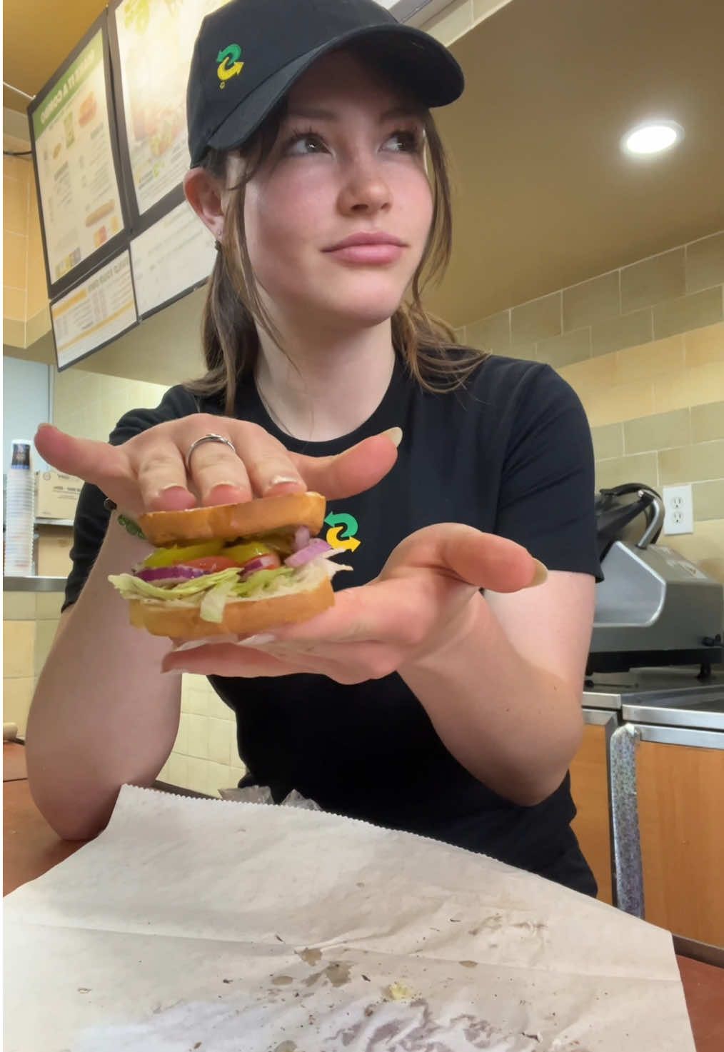 today at work i made the littlest sandwich i hope u guys enjoy the process #subway #employed #littlestsandwichever #mukbang #ily #swaggirl #yap 