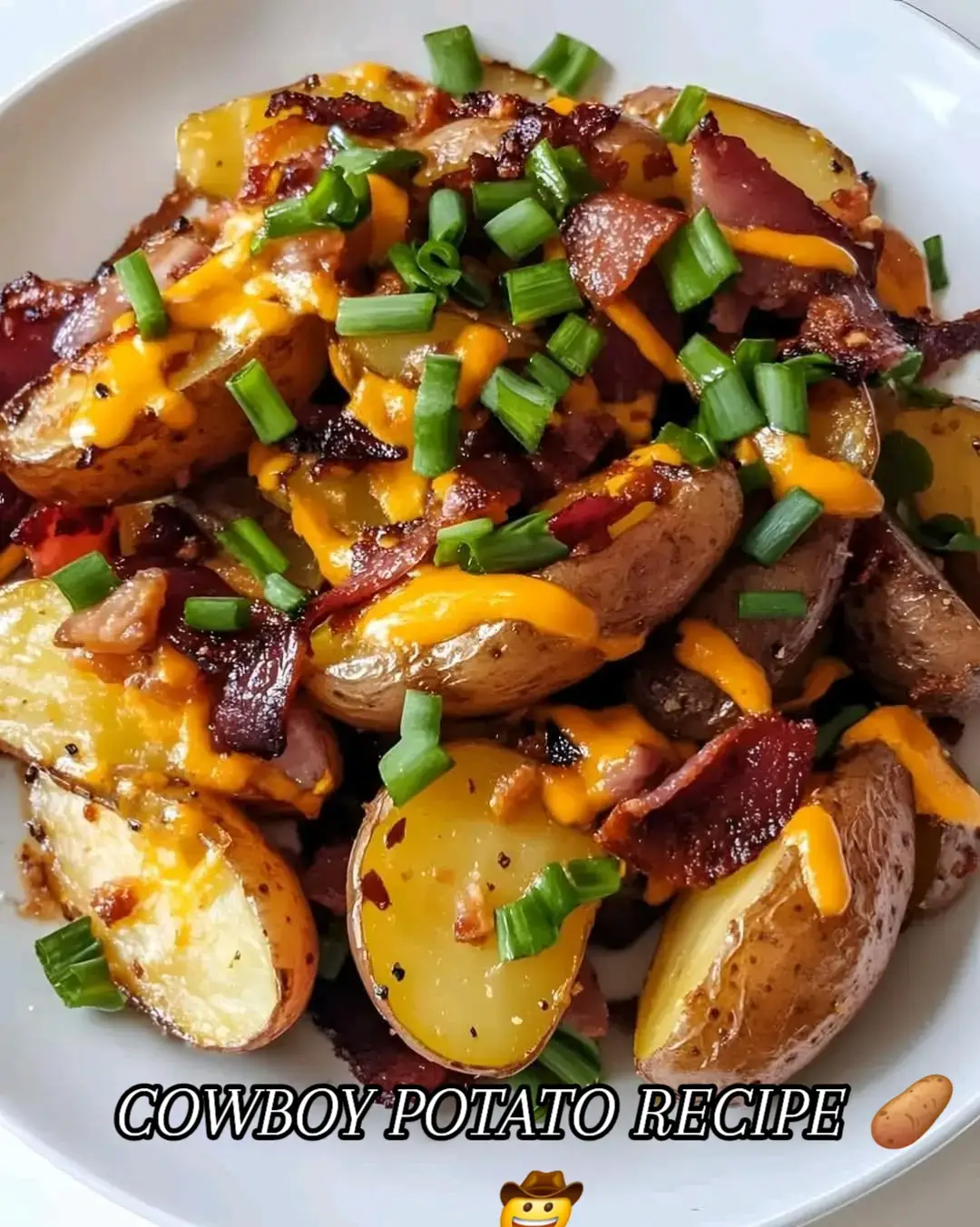 COWBOY POTATO RECIPE 🥔🤠 OMG DON''T LOSE THIS RECIPE! These hearty cowboy potatoes are packed with flavor from crispy bacon, melty cheese, and a blend of spices. A perfect side dish for any occasion! Ingredients: 4 large russet potatoes, diced 6 slices bacon, chopped 1 cup shredded cheddar cheese 1 small onion, finely chopped 2 cloves garlic, minced 1 tbsp olive oil Salt and pepper, to taste ½ tsp paprika ¼ tsp chili powder (optional for extra kick) 2 green onions, chopped (for garnish) Fresh parsley, chopped (for garnish) Instructions: Cook the Bacon: In a large skillet, cook chopped bacon over medium heat until crispy. Remove and set aside on a paper towel, leaving about 1 tbsp of bacon grease in the skillet. Sauté the Onions and Garlic: In the same skillet, add the olive oil, onion, and garlic, cooking for 2-3 minutes until softened and fragrant. Add the Potatoes and Seasonings: Add diced potatoes to the skillet, seasoning with salt, pepper, paprika, and chili powder if using. Cook over medium-high heat, stirring occasionally, until potatoes are golden and crispy on the outside, about 15-20 minutes. Add Cheese and Bacon: Reduce heat to low, sprinkle cheddar cheese and cooked bacon over the potatoes. Cover and cook for a few more minutes until the cheese is melted. Serve: Garnish with chopped green onions and parsley. Serve hot as a side dish or enjoy it on its own! Helpful Tip: For extra flavor, top with a dollop of sour cream or drizzle with a bit of ranch dressing.