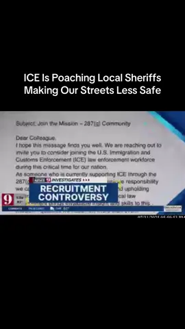 ICE is emailing local Sheriff’s asking them to leave their jobs and work for their federal agency. They offer a $50,000 bonus over the course of 5 years and better wages. This is making our offices understaffed after spending money recruiting, hiring and training these officers and could leave our streets less safe. 