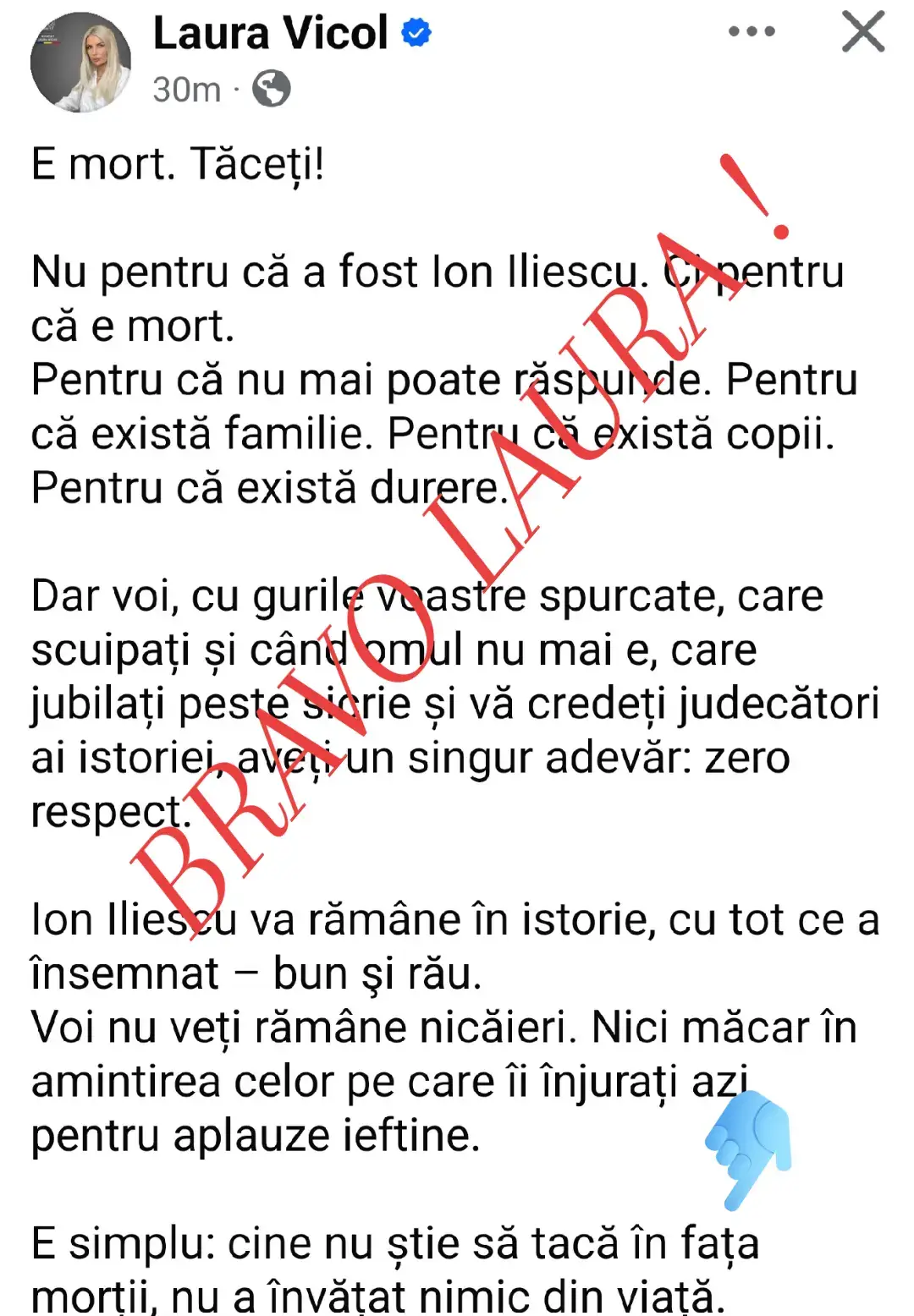 Excelent materialil postat de Laura Vicol pe pagina persoana de facebook. O analiza dură a unui moment prin care vom trece toti mai devreme sau mai tarziu. Laura Vicol demonstreaza ca mai presus de orice a fi om e lucru mare ! Un material de dat 
