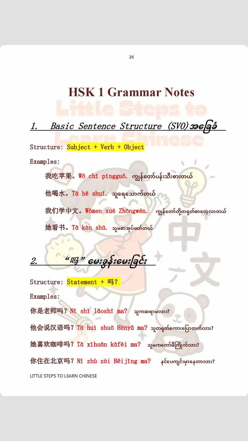🐦‍🔥HSK Level မှာပါတဲ့ အခြေခံစကားပြောတွေအတွက် အသုံးပြုရတဲ့ grammar patterns တွေကို sharing ပေးထားပါတယ်။ 🐦‍🔥Grammar ဆိုတာ စကားပြောဝါကျစာကြောင်းတွေ ဖန်တီးလာနိုင်ဖို့ အဓိကကျတဲ့ အပိုင်းပဲဖြစ်ပါတယ်။ 🐦‍🔥Level 1 Grammar ကစ သေချာလေ့ကျင့်သွားရင် နောက်ပိုင်း Level မှာပါလာမယ့် စာပိုဒ် ၊  Grammar တွေကိုလည်း လေ့ကျင့်ရတာ ပို၍ရင်းနှီးလာမှာဖြစ်ပါတယ်။ 🐦‍🔥Self-studyလုပ်နေတဲ့သူတွေနဲ့ grammar notes တွေအပေါ်မှာ စကားပြောစာကြောင်းလေ့ကျင့်လိုတွေအတွက် အထောက်အကူရဖ်ို့မျှော်လင့်ပါတယ်နော်#hsk1 #grammar #basicchinese #littlestepstolearnchinese小步学中文 #studywithme #တရုတ်စာသင်ကြမယ် #learnchinese  @Little Steps to Learn Chinese  @Little Steps to Learn Chinese  @Little Steps to Learn Chinese 
