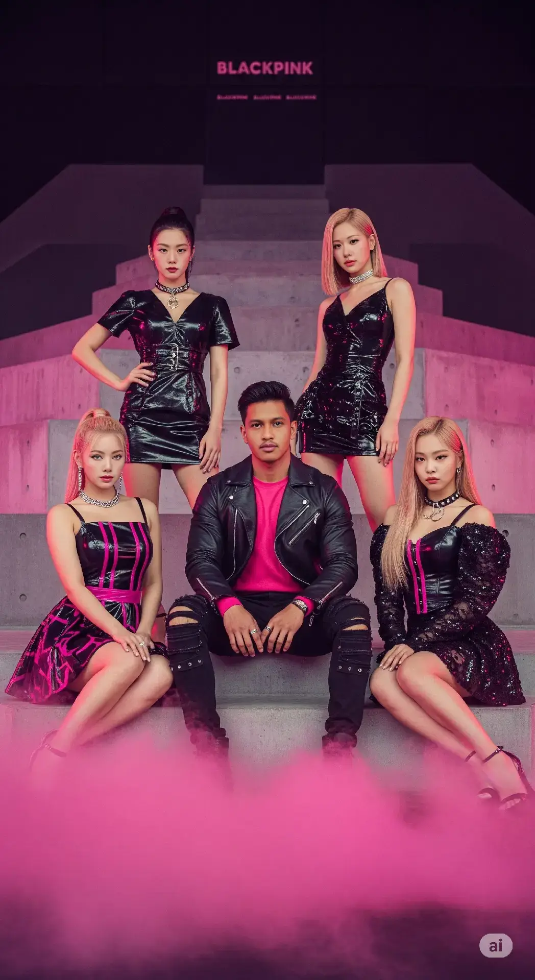 Ultra-realistic vertical 9:16 editorial-style photo, 32K quality, cinematic lighting, soft shadows, high-definition facial details and outfit textures. Set in a dark indoor space with a pyramid-style concrete stair structure inspired by iconic K-pop music video visuals. Background subtly includes a stylized sponsor wall with repeated lowercase 