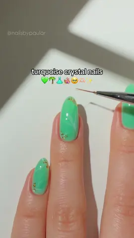turquoise crystal nails! 💚🌿🌴✨ a super vibrant & pretty turquoise & gold nail design that will make your nails look like the gemstones they are! <3 — using: • @Kiara Sky Professional Nails  NEW jelly tint gel “JT223” 💚 NEW jelly tint gel “JT222” 🌴 white painting gel “Blank Slate” 🤍 4-in-1 gel nail glue 🫶🏻 gel top coat ✨ (use my code PAULAR10 for 10% off! 💸) #crystalnails #jadenails #turquoisenails #nailinspo #naildesign #nailarttutorial #diynails #nailart #nails2inspire #summernails #kiaraskynails #kiaraskynailspr #fypシ゚ 