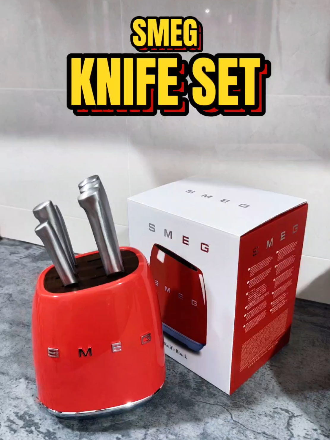 Super ATAS looking .. Famous Italian brand. The stainless-steel knife set of 6 includes a 3” Paring, 5” Serrated Utility, 6” Meat, 7” Santoku, 7.5” Bread, and 7.5” Chef's knife. 100% authentic. Check it out . #knifeset #kitchenessentials #kitchenknifeset #6in1knifeset #smeg #atas #spacesaving #stainlesssteel #durable #createtowin 