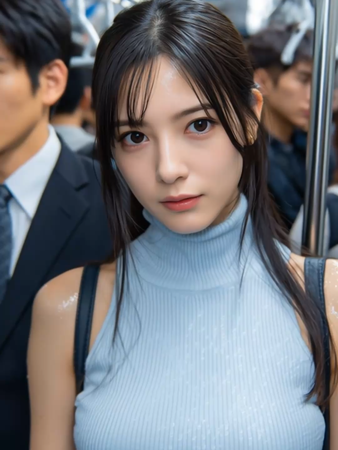 A woman being approached by men on a crowded train #満員電車 #RushHourJapan #aiart