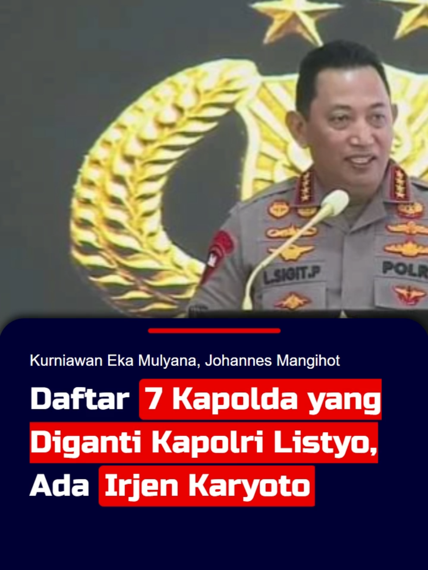 Daftar 7 Kapolda yang Diganti Kapolri Listyo, Ada Irjen Karyoto Kapolri Jenderal Pol Listyo Sigit Prabowo melakukan mutasi terhadap sejumlah perwira tinggi (Pati).  Mutasi Pati Polri ini tertuang dalam Surat Telegram (STR) Kapolri Nomor ST/1764/VIII/KEP./2025 tertanggal 5 Agustus 2025 yang ditandatangani oleh As SDM Kapolri Irjen Pol Anwar. Berdasarkan STR tersebut, terdapat tujuh Kapolda yang mengalami rotasi, yakni Kapolda Metro Jaya Irjen Pol Karyoto diganti dengan Irjen Pol Asep Edi Suhari. Kapolri mengangkat Karyoto menjadi Kabaharkam Polri menggantikan Komjen Pol Mohammad Fadil Imran. Sahabat KompasTV juga bisa memperoleh informasi terkini melalui website www.kompas.tv. #kapolri #mutasipolri #mutasi #kapolda #kapoldametrojaya #listyosigitprabowo #irjenkaryoto #polri #polripresisi