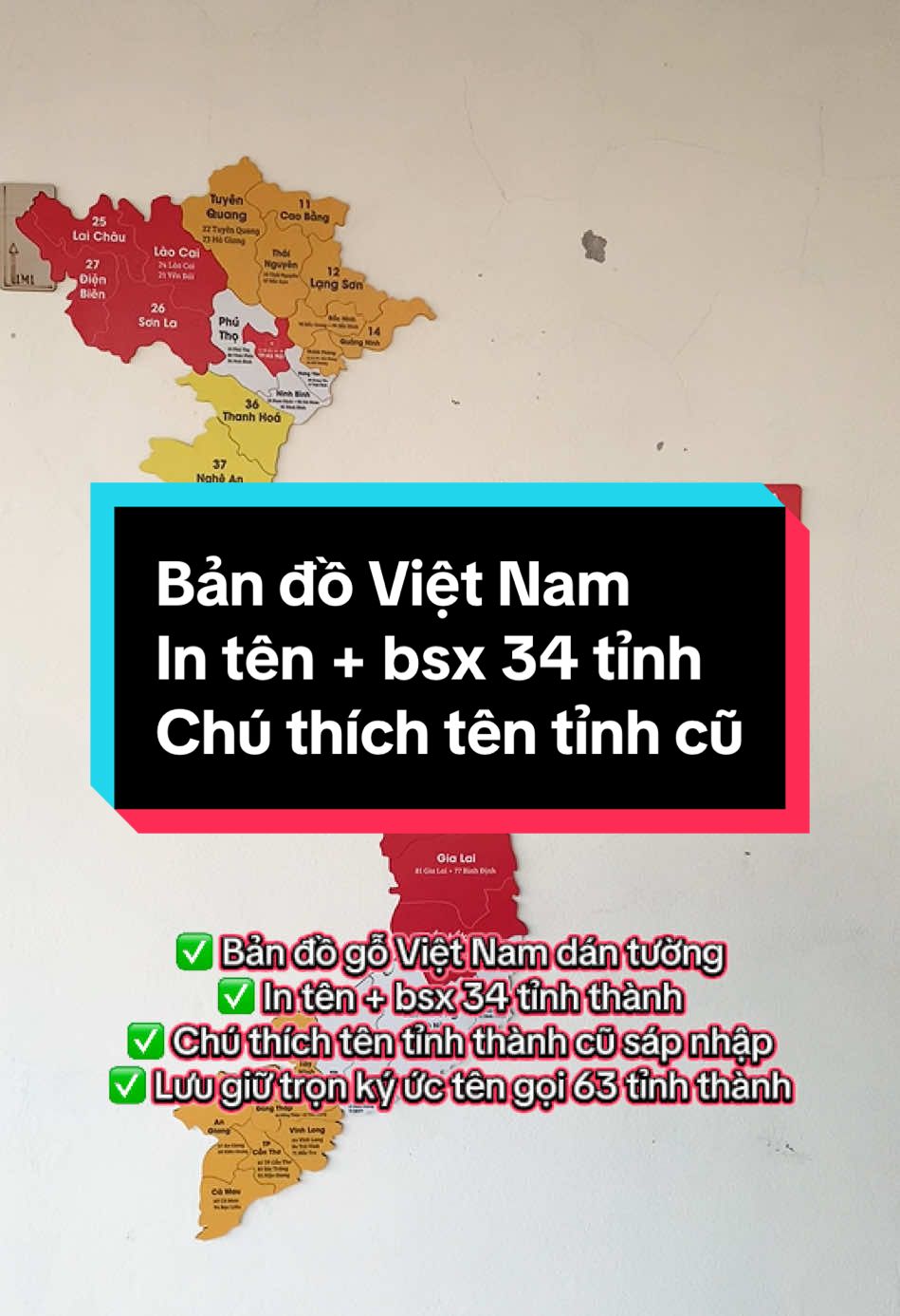 Bản đồ gỗ Việt Nam dán tường:  - In tên + bsx 34 tỉnh thành - Chú thích tên các tỉnh thành cũ sáp nhập - Lưu giữ trọn vẹn ký ức 63 tỉnh thành  #bandogovietnam #bandovietnambanggo #giodecor #quockhanh #vietnamtoiyeu #xuhuongtiktok 