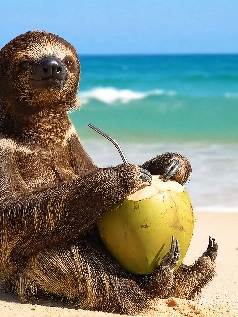 Honestly? Same. 🐢🥥 #SlothLife #CoconutVibes #BeachMood #ChillAnimal #RelaxHarder #SlowSip #TropicalScene