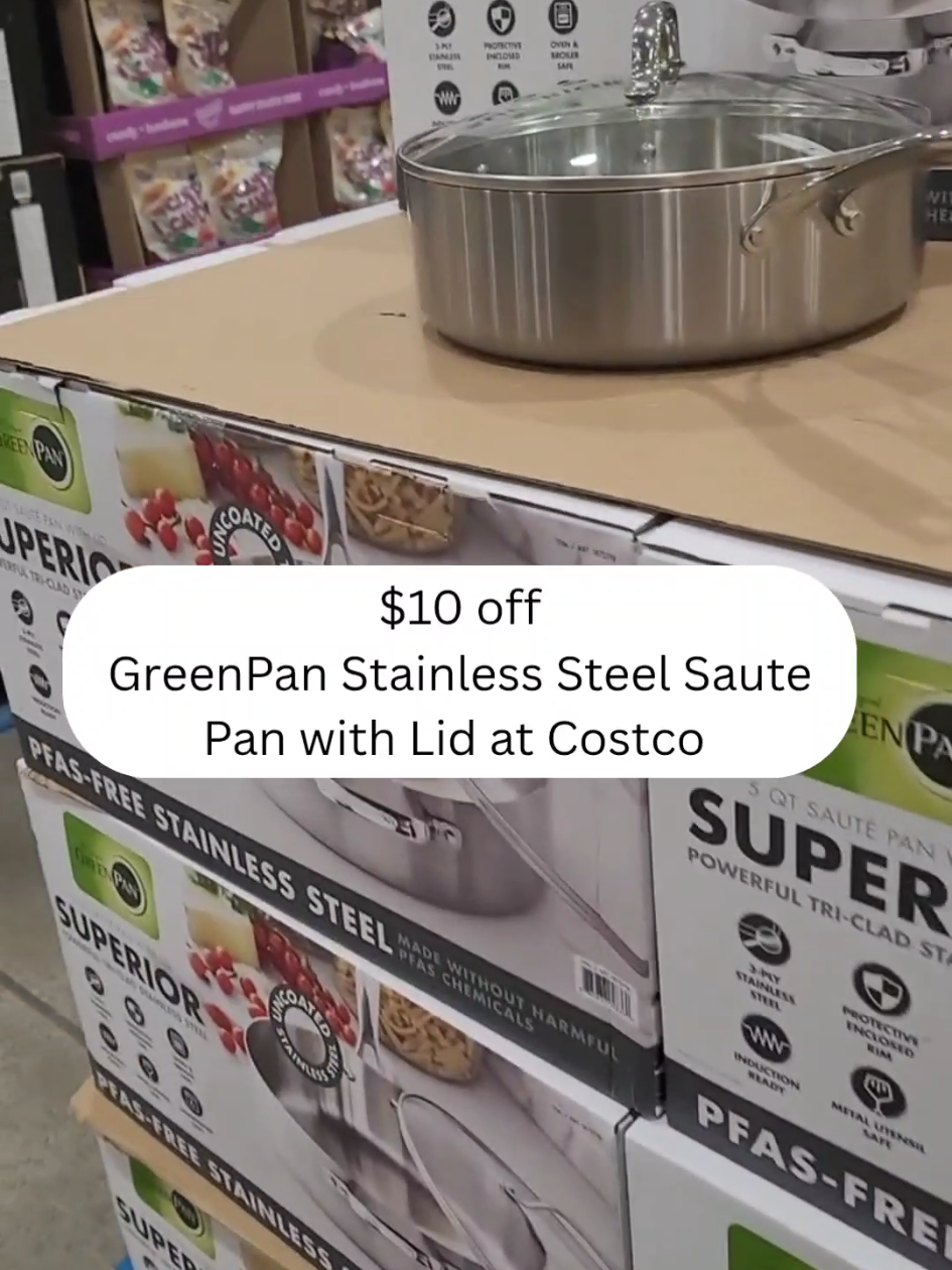 🔥🔥🔥New at Costco.  GreenPan Tri-Ply Stainless Steel Covered Saute Pan, 4.7 L (5 qt.). 📍Location: Costco Queensway Etobicoke, Ontario.  This professional grade stainless steel sauté pan is one of the most versatile tools in any kitchen. It delivers plenty of room for frying, searing, sautéing, and one-pan meals. The lid keeps in moisture, so it comes in handy for steaming and braising.  Features: The wrapped edge protects the pan from corrosion and damage from utensils Oven & broiler safe up to 315ºC (600ºF), glass lid up to 218ºC (425ºF) 3-ply stainless steel multilayer design delivers fantastic heat transfer, easy searing, and better browning Optimized for all stovetops, including induction Dishwasher safe, most messes wipe clean Specifications: 51.3 cm x 30.98 cm x 12.1 cm (20.2 in. x 12.2 in. x 4.8 in.) 2.7 kg (5.8 lbs.) #greenpan #pan #stainlesssteel #fryingpan #lid #costco #haul #costcofinds #shopping #costcodeals #costcocanada #costcohaul #cooking #CookingHacks 