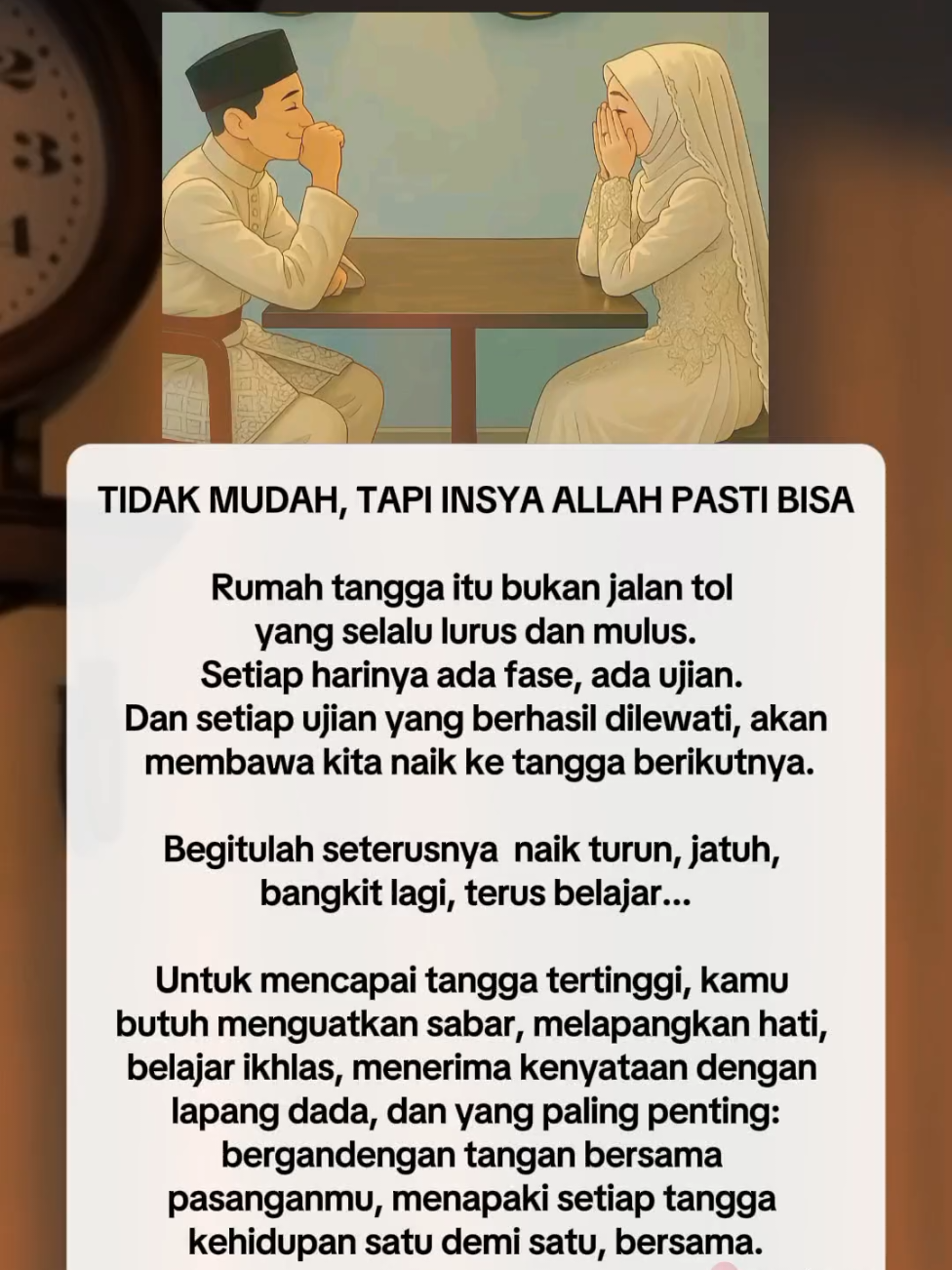 Rumah tangga bukan tentang siapa yang paling kuat... Tapi tentang dua hati yang mau saling menguatkan. Bukan tentang selalu bahagia, tapi tentang tetap bersama di saat paling sulit sekalipun. Selama masih bisa bergandengan tangan, insya Allah... semua bisa dilewati. 🤍 #RumahTanggaBarokah #CintaKarenaAllah #SakinahMawaddahWarahmah #PerjuanganBerdua #DibalikDoaSeorangIstri #SuamiIstriMenginspirasi #BersamaDalamDoa #UjianPernikahan #JalanMenujuSurga #cintayangmenguatkan 