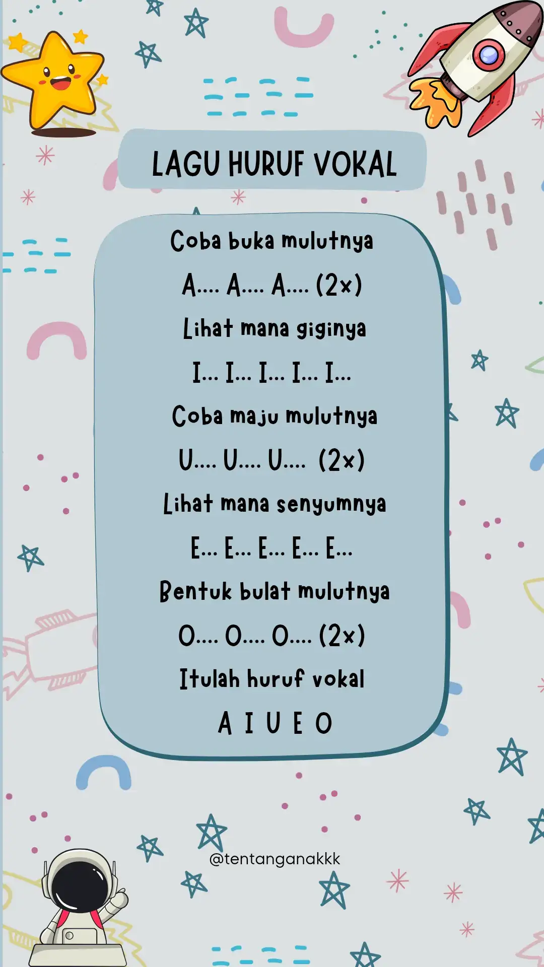 Yuk belajar huruf vokal sambil nyanyi bareng! 🎶 A I U E O jadi lebih mudah diingat ❤️✨ #BelajarAnak #HurufVokal #LaguAnak #PAUD #TK #AnakCerdas #Edukatif 