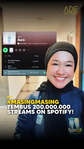 Sejarah dalam industri musik Malaysia, #MasingMasing tembus 200.000.000 streams on Spotify! MasyaAllah luar biasa ✨ Ucapan terima kasih dari saya & @erniezakri23 untuk semua pendengar lagu 