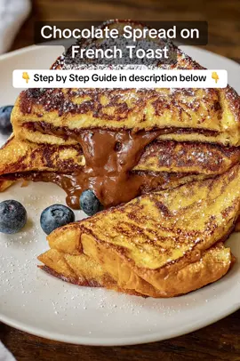 🍞 🍫 Chocolate Spread on French Toast - STEP BY STEP GUIDE
 
 From the RECIPE EXPERTS:
 
 Ingredients:
 
 4 slices of thick brioche or challah bread
 
 2 large eggs
 
 1/2 cup whole milk
 
 1 tsp vanilla extract
 
 1/2 tsp ground cinnamon
 
 Butter (for frying)
 
 4 tbsp chocolate spread (your preferred brand)
 
 Fresh blueberries (for topping)
 
 Icing sugar (for dusting)
 
 Estimated Calories (per serving): ~490 kcal
 (based on 2 slices of toast filled with chocolate spread + toppings)
 
 👨‍🍳 Cooking Instructions:
 Prep the Batter: In a shallow bowl, whisk together eggs, milk, vanilla extract, and cinnamon.
 
 Prepare the Sandwich: Spread chocolate spread between two slices of bread to make a sandwich.
 
 Soak & Fry: Dip the sandwich in the egg mixture for 5–10 seconds per side.
 
 Cook: Heat a skillet over medium heat, add butter, and cook the sandwich for 2–3 minutes per side until golden and crisp.
 
 Serve: Slice diagonally, top with blueberries, dust with icing sugar, and serve warm.
 
 #ChocolateToast #FrenchToastLovers #EasyBreakfastIdeas #ChocolateSpread #AugustEats2025 #FoodieTikTok #BrunchVibes #QuickRecipes #BreakfastGoals #StuffedToast #4KFoodContent #MessyYum #WeekendBrunch #RecipeOfTheDay #sweettreats 