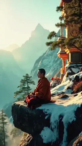 Calm, relaxing, serene meditation scene of Buddhist monk on the Himalayan mountains sunrise landscape ✨🏔️☀️🍀  #relaxingvideos #calmingvideos #relaxingvibes #relaxingnature 