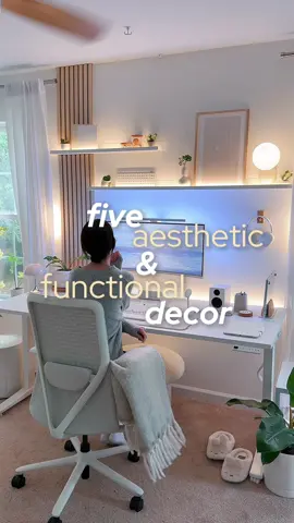 5 aesthetic yet functional decor 💿🌀🩵🌱#desksetup #officejob #cozyvibes #homeofficeideas #homeofficeinspo #minimaliststyle #deskessentials #deskaccessories #decorideas 
