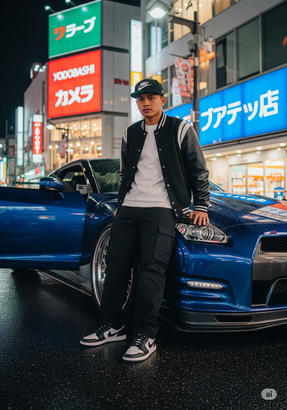 Pormpt : Buatkan foto menampilkan pria muda Indonesia yang berpose di samping mobil sport berwarna biru. Latar belakangnya adalah jalanan kota di malam hari, dengan banyak toko yang diterangi lampu neon. Subjek utama adalah pria yang berdiri di sekitar mobil. Pria di sebelah kanan, yang bersandar pada mobil, mengenakan kaos putih polos dengan jaket bisbol berwarna hitam dengan aksen putih, celana hitam longgar, sneaker nike jordan hitam aksen putih dan topi nike berwarna putih hitam. ia tampak lebih fokus ke arah kamera dengan ekspresi datar. Mobilnya adalah sebuah coupe sport berwarna biru tua dengan modifikasi yang terlihat, seperti kit bodi lebar dan pelek yang lebih besar. Pintu mobil di sisi pengemudi terbuka. Di belakang mereka, terlihat fasad toko dengan tulisan Jepang yang menyala dalam huruf kanji dan katakana. Salah satu tulisan yang paling mencolok adalah 