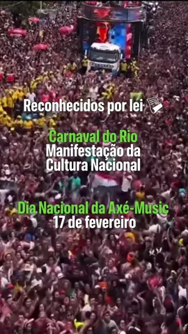🇧🇷 Brasil que valoriza suas raízes e celebra sua cultura! 🎊 O presidente Lula sancionou leis de valorização do Carnaval carioca e da Axé Music. ✅ O Carnaval do Rio agora é, oficialmente, uma manifestação da Cultura Nacional. ✅ E o dia 17 de fevereiro passa a ser o Dia Nacional da Axé Music! As duas manifestações culturais são expressões populares brasileiras de ascendência africana, que movimentam o país com alegria, identidade e geração de emprego e renda. Viva a cultura brasileira! 🇧🇷✨ #Cultura #Carnaval #AxéMusic #GovernoDoBrasil