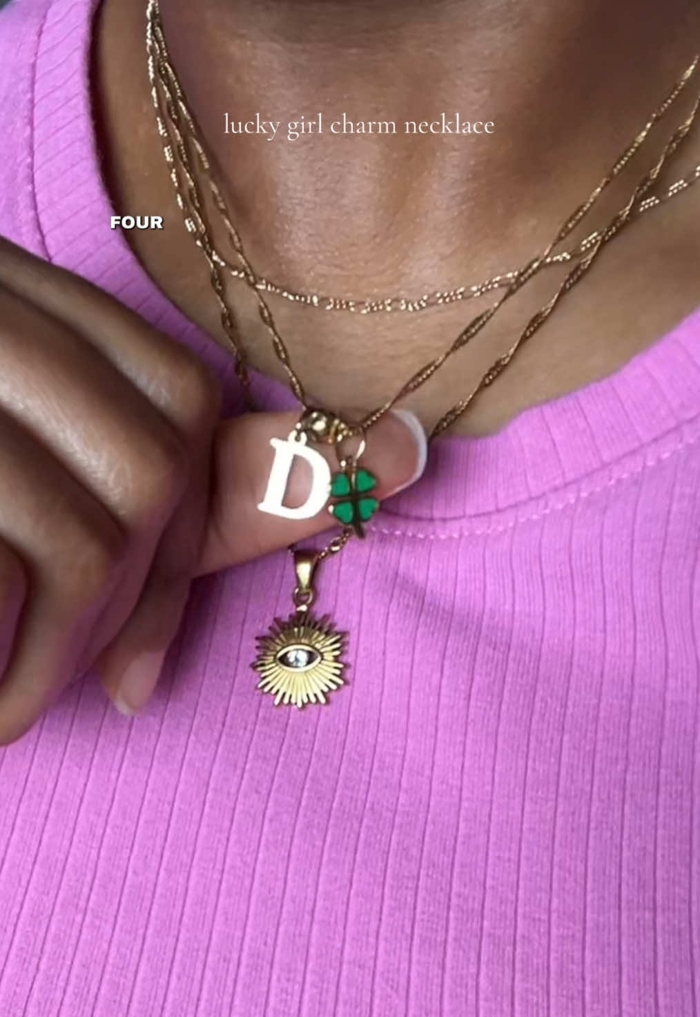 My new favorite necklace!🍀 #charmnecklace #initialjewelry #goodluckcharm #fourleafclover #hypoallergenicjewelry #namenecklace 