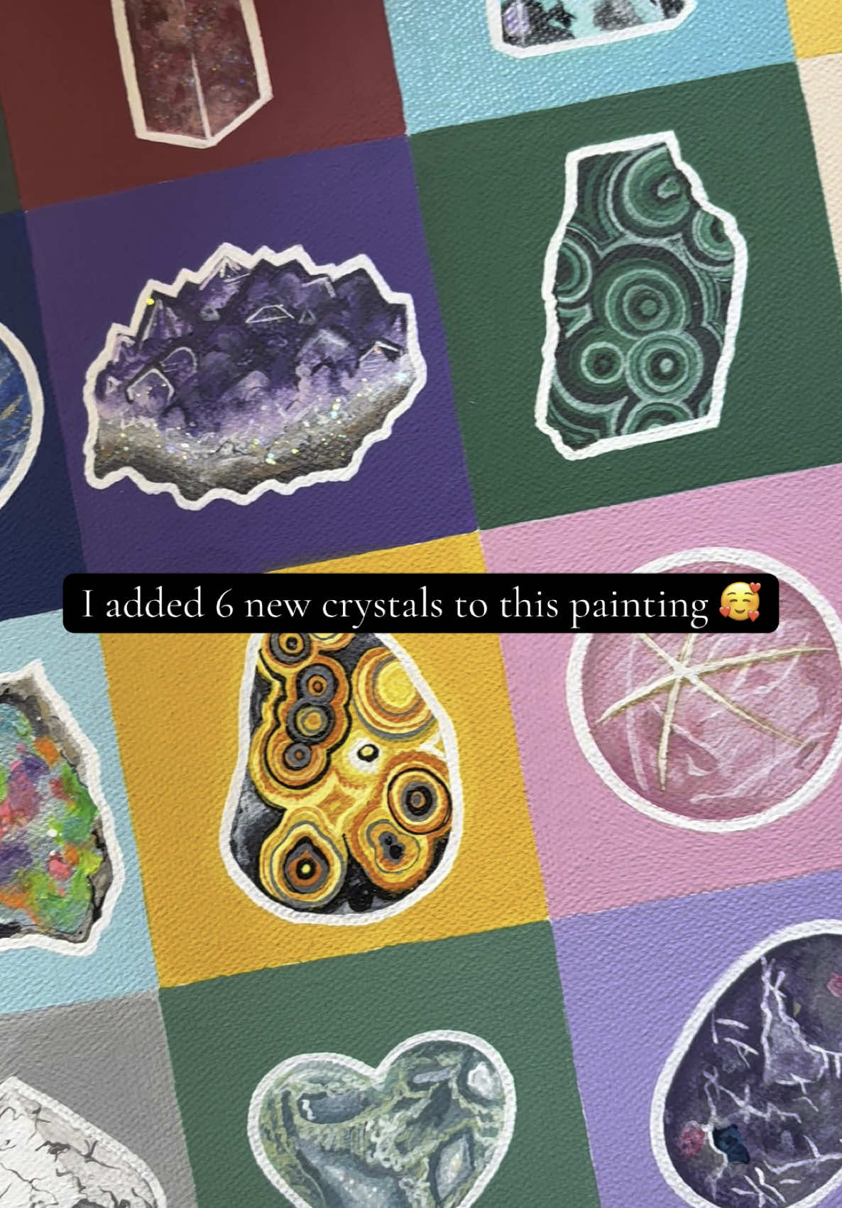6 new crystals added to this painting! Flower agate, moss agate, jade, lepidolite, clear calcite & shungite. This lepidolite is my favorite crystal painting that I’ve done in a long time, I’m so happy with how it turned out 🥰 Which crystal should I paint next? Just a reminder- I have TONS of crystals paintings already completed and prints are available in my shop 💜  . #crystalart #crystalpainting #crystalshop #floweragate #mossagate #calcite #crystaltok #crystaltok🔮 #lepidolite #jade #shungite 