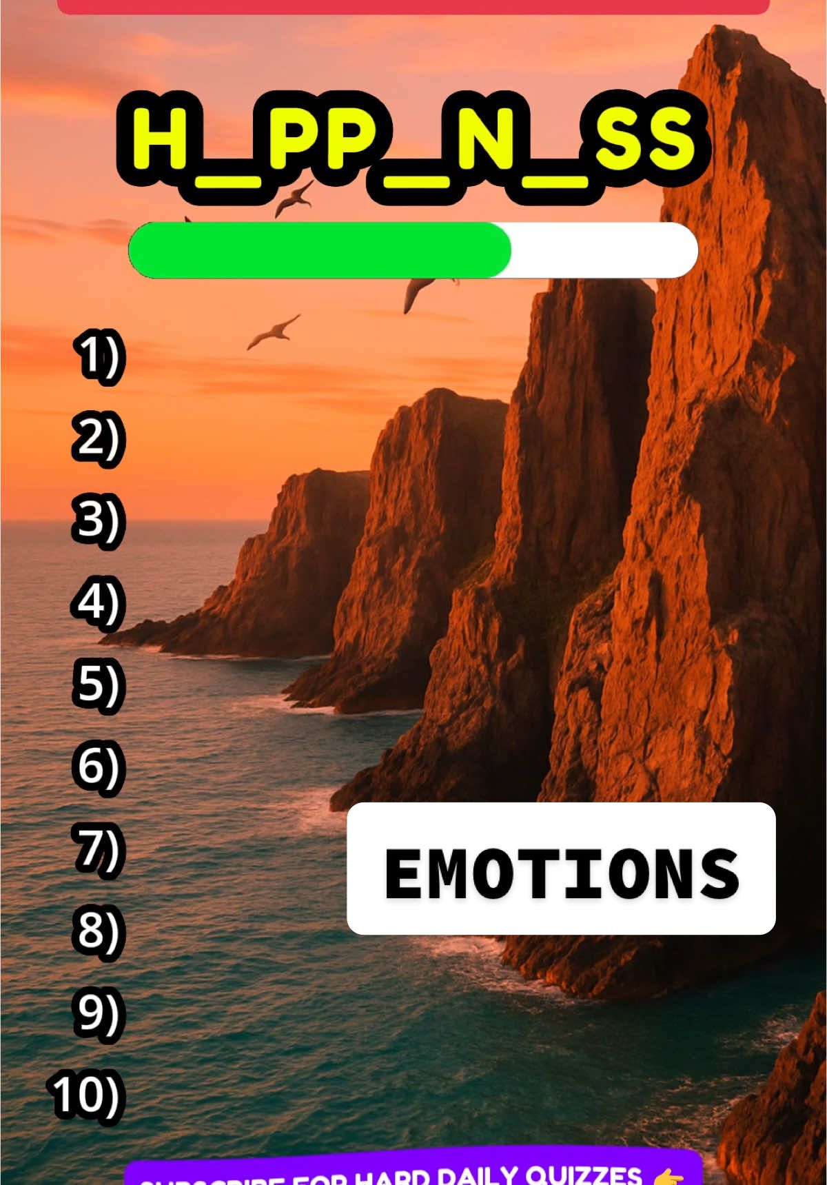 Guess these 10 emotions by their missing letters. #quiz #quiztime #puzzle #puzzlechallenge #brain #braintest #mind #mindtest #missingletter #emotions #emotionquiz #usatok 
