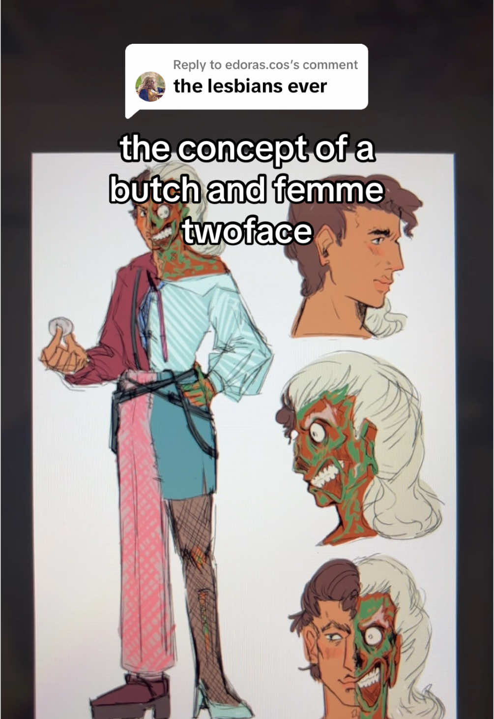 Replying to @edoras.cos this is very messy because i wanted to post this right before work but here's some more :) #batman #twoface #harveydent #dccomics #brucewayne #dctiktok #superman #myart #art #wlw #butch #femme #characterdesign #concepts #myartstyle #yuri #thelonghalloween might as well 