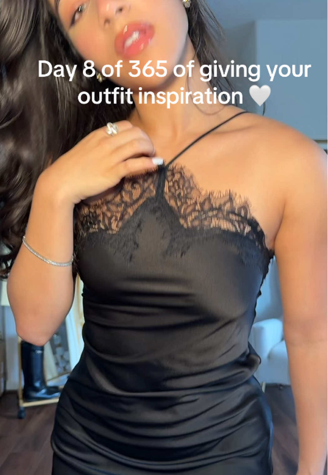Day 8 of 365 of giving you outfit inspiration. 🤍 Black Zara satin dress with black lace and slit. Code: 5919/201 #OOTD 