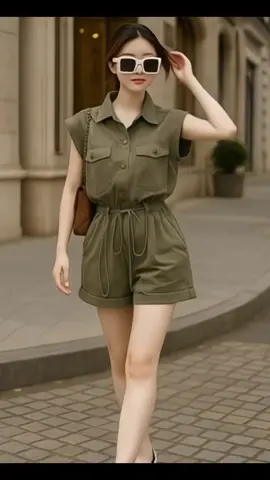 Jumsuit jean quảng châu ngắn cổ sơ mi tay ngắn màu rêu #jumnu #thoitrangnu #xuhuong 