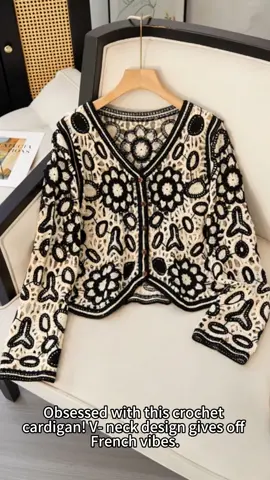 Obsessed with this crochet cardigan! 🔥V - neck design gives off French vibes. Perfect for layering or wearing alone. Whether with a dress for a gentle look or jeans for a cool style, it’s a game - changer. Who needs basic when you can have this handmade - like elegance? #FashionFind #CrochetCardigan #VibeOutfit