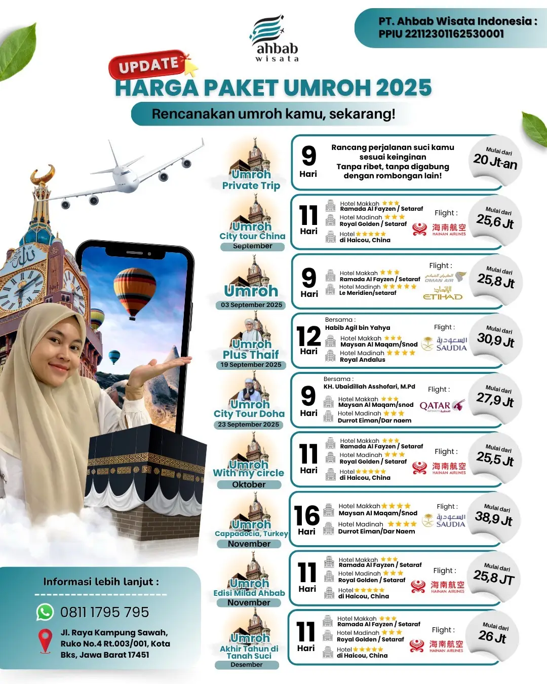 📍Keberangkatan Umroh September – Desember 2025 sudah dibuka! Mulai dari Rp 20 jutaan, kamu sudah bisa: ✅ Umroh dengan nyaman & kekinian ✅ City tour ✅ Tour leader berpengalaman ✅ Bimbingan full dari keberangkatan sampai pulang ✅ Nyaman untuk pemula, solo traveler, bareng bestie atau keluarga Dan yang paling penting: ✅ Sudah resmi berizin PPIU, jadi lebih tenang & terpercaya! 💬 Siap berangkat umroh dengan aman & nyaman? Langsung klik link di bio untuk tanya-tanya ya! Seat terbatas, pastikan kamu dapat slotnya sekarang 🤍 ===================== Hubungi kami untuk info selengkapnya 📱Whatsapp : 0811-1795-795 📍Jl. Raya Kampung Sawah, Ruko No.4 Rt.001/003, Kota Bekasi, Jawa Barat 17451 #AhbabWisata#umroh#UmrohBarengAhbab#travelumroh#TravelUmrohMilenial#UmrohAnakMud#LiburanBermakna