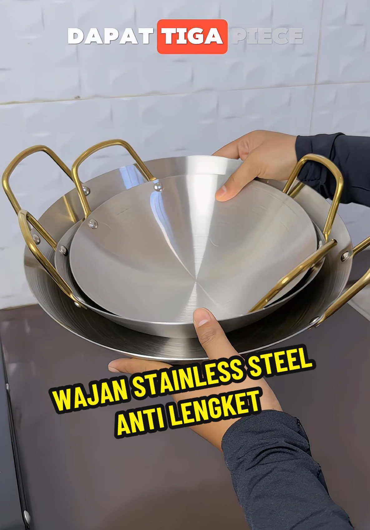 Wajan stainless steel anti lengket premium 1 set dapat 3 pcs dengan ukuran diameter 22cm, 24cm dan 28cm #wajanantilengket #wajanstainless #wajanstainlesssteel #wajanestetik #wajanmurah #wajanpenggorengan #cuantanpanbatas #wibgajian 