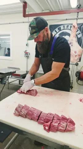 Cutting a Wagyu tenderloin into filets. 🥩🔪 #beef #butcher #wagyu #meat #filet #thebeardedbutchers