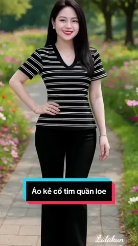 Áo cổ tim kẻ phối quần ống loe siêu tỏn dáng#thoitrangnu #viralvideo #xuhuong .