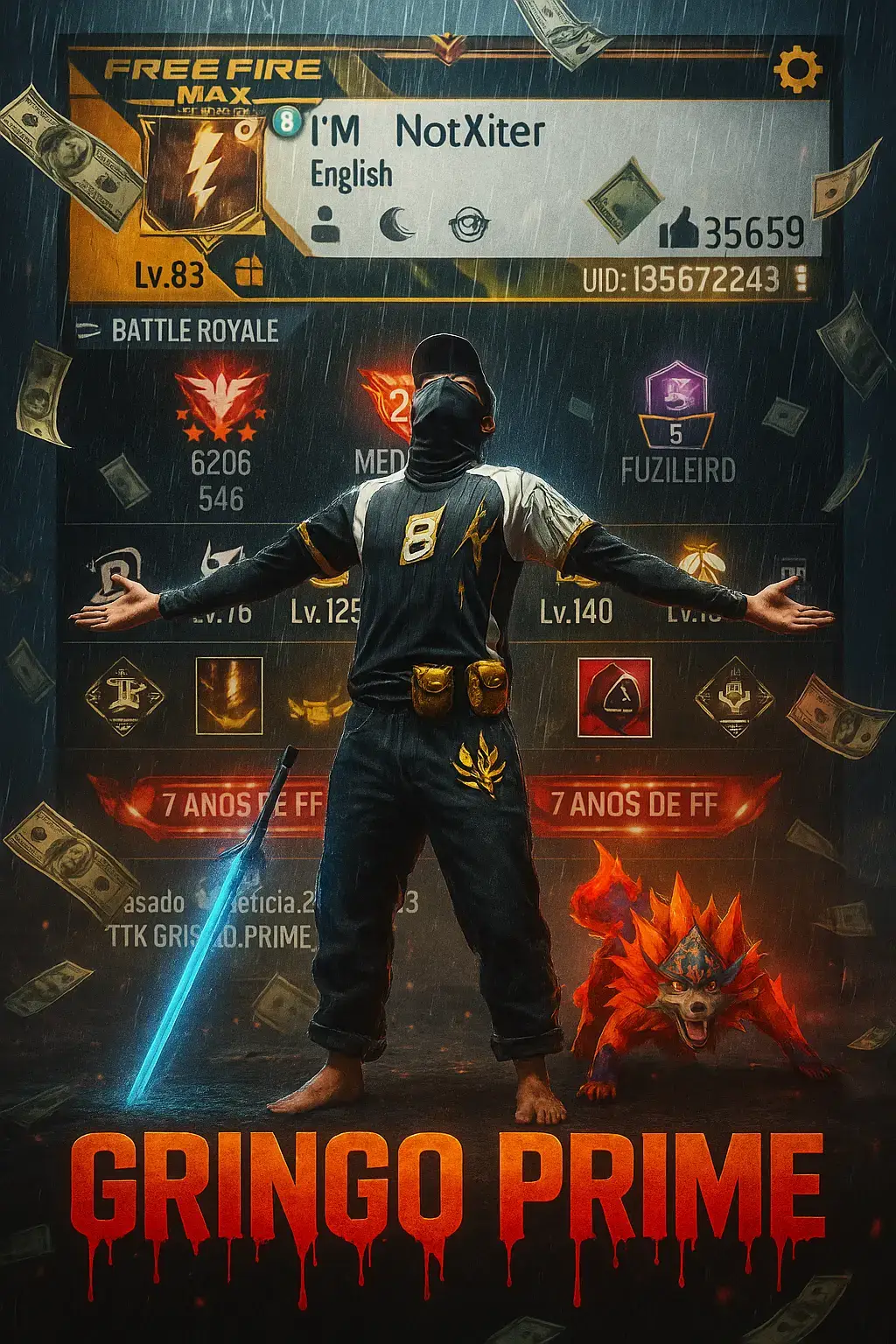 :Create a cinematic digital poster for a PUBG player.In the background, clearly display the uploaded profile screenshot without binding or blurring any part. 414 The image should remain sharp and readable, showing every detail that naturally appears in the profile (such as stats, icons, texture, badges, numbers, tags, buttons) and must be fully visible and understand to the viewer. In the foreground, place the upload character image standing in a proud, victoriespose--with both arms stretched outward (T-pose) The character's head should be titled slightly upward, facing the sky with a heroic and thankful experience. Include a glowing blue sword by his side and his pet standing nearby. Add dramatic rain, flying money, cinematic glow and soft shadows to enhance the character and profile are clearly visible and not overlappingconfusingly. In the centres of the poster overlay bold, glowing, 3D gaming tyle text: