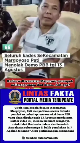 Kades Margoyoso Kompak Tolak Dem PBB 13 Agustus! “Kades se-Kecamatan Margoyoso serempak melarang warga ikut demo... Ada apa?” Viral! Para kepala desa se-Kecamatan Margoyoso, Pati menyatakan secara terbuka penolakan terhadap rencana aksi demo PBB yang akan digelar pada 13 Agustus mendatang. Dalam video ini, mereka meminta warganya untuk tidak ikut serta dalam aksi tersebut. Apa alasan sebenarnya di balik penolakan ini? Apakah tekanan? Atau pertimbangan keamanan? 🎥 Sumber: @ZonaViral789 🗓️ Diunggah: 8 Agustus 2025 #DemoPBB #Pati #Margoyoso #KadesTolakDemo #BeritaViral #AksiMassa #PBB2025 #ShortsIndonesia #KebijakanDaerah #ZonaViral`