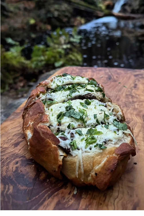 Beef steak stuffed cheese bread in nature 🥖🥩🪵💦🌲🐿 #cookingasmr #outdoorcooking #leon #Recipe #cookingnature #beef #steak 