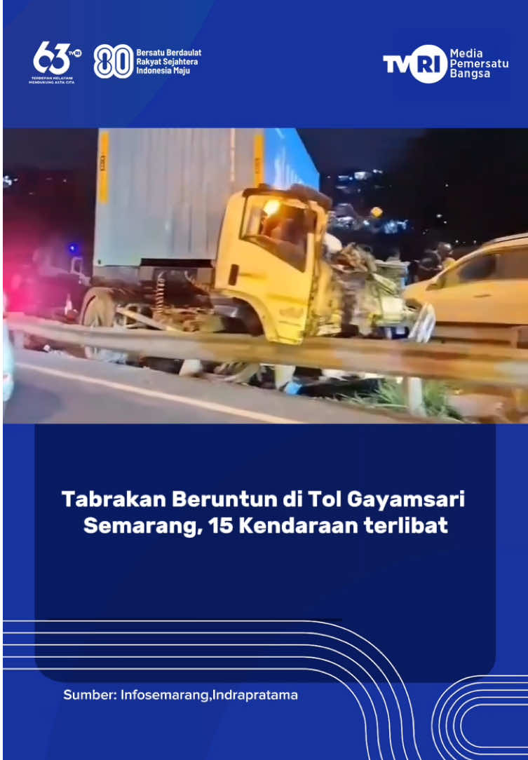 Kecelakaan beruntun terjadi di ruas tol dalam kota Semarang, tepatnya di KM 432 jalur Jatingaleh–Gayamsari, Jumat malam (8/8/2025), melibatkan sedikitnya 15 kendaraan. Peristiwa ini mencakup truk kontainer, truk boks, dan sejumlah mobil pribadi yang mengalami kerusakan parah, sehingga menyebabkan kemacetan panjang di lokasi. Akibat insiden tersebut, tiga orang mengalami luka ringan dan dua orang mengalami luka berat dan dapat dilaporkan tidak ada korban jiwa. #TVRI #TVRINasional #MediaPemersatuBangsa 